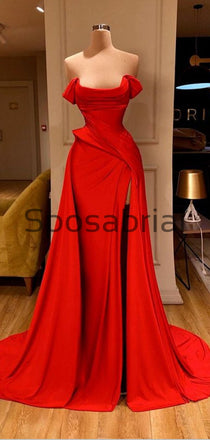 Red Mermaid Tight Side Slit Satin Simple Modest Prom Dresses PD2084