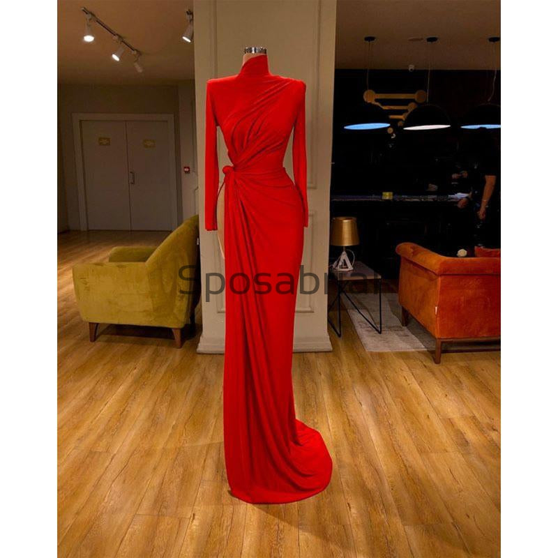Red Mermaid Tight Slit Long Sleeves Simple Modest Prom Dresses PD2085