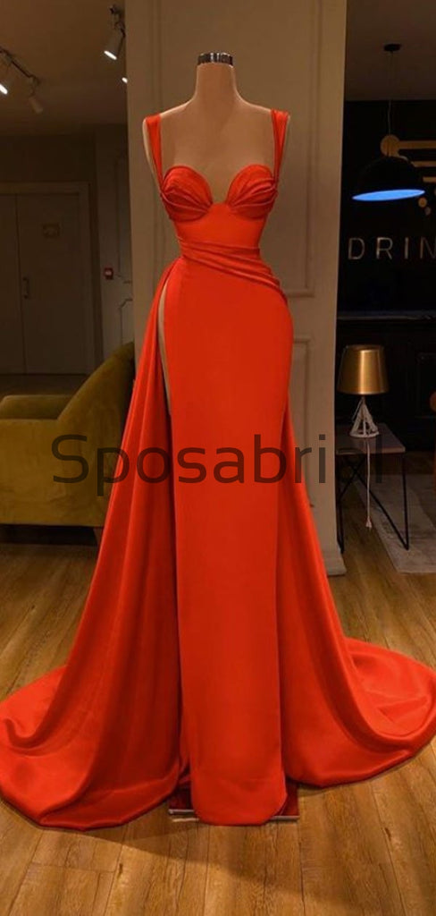 Red Mermaid Tight Cheap Slit Satin Simple Modest Prom Dresses PD2083