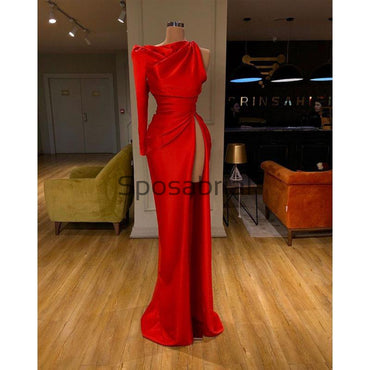 Red One Shoulder Side Slit Satin Simple Modest Prom Dresses PD2087