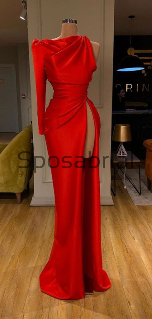 Red One Shoulder Side Slit Satin Simple Modest Prom Dresses PD2087