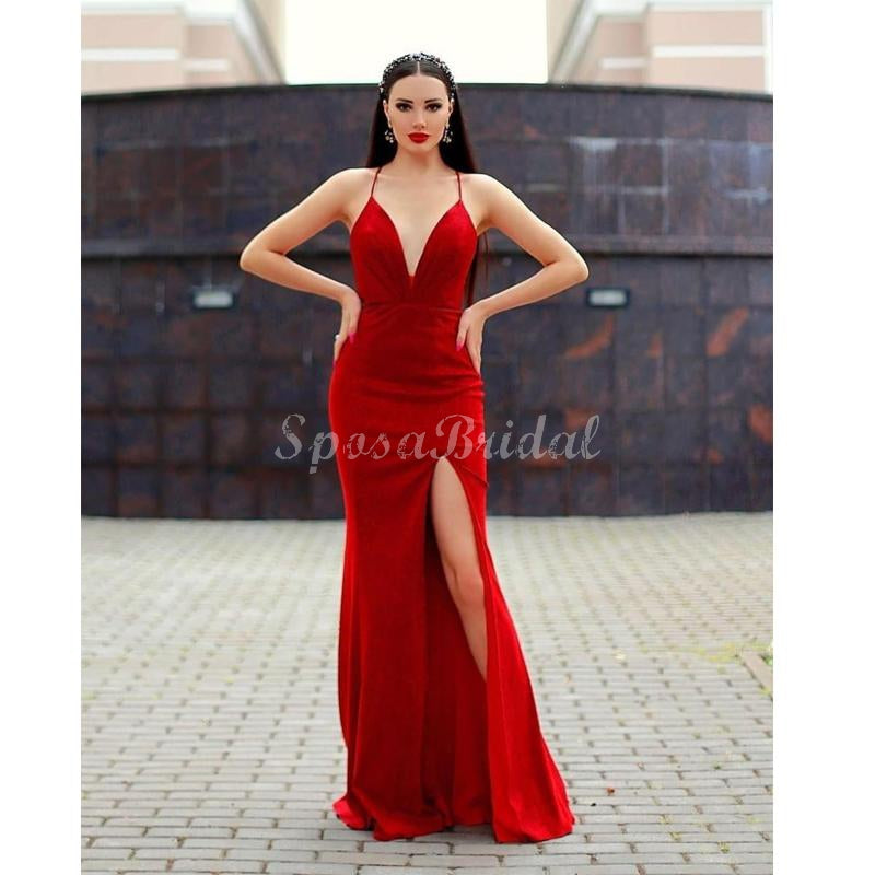 Red Spaghetti Straps Sideslit Mermaid Modest Long Prom Dresses PD1415