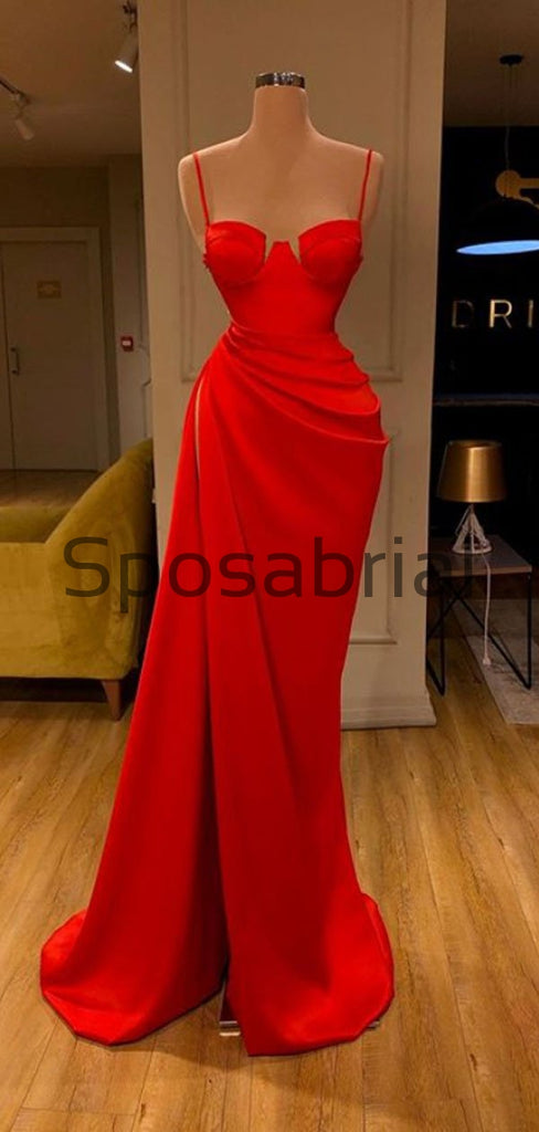 Red Spaghetti Straps Slit Satin Cheap Simple Modest Prom Dresses PD2088