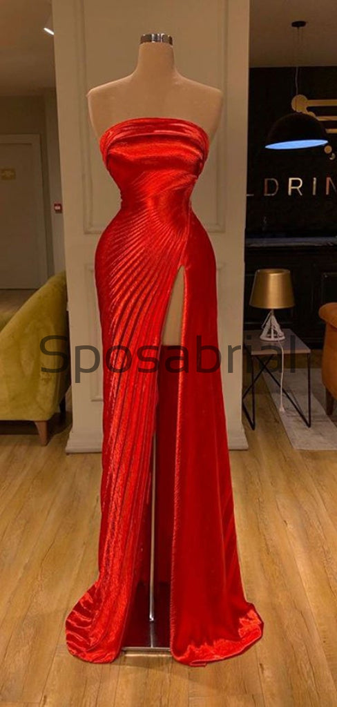 Red Strapless Side Slit Satin Simple Modest Prom Dresses PD2089