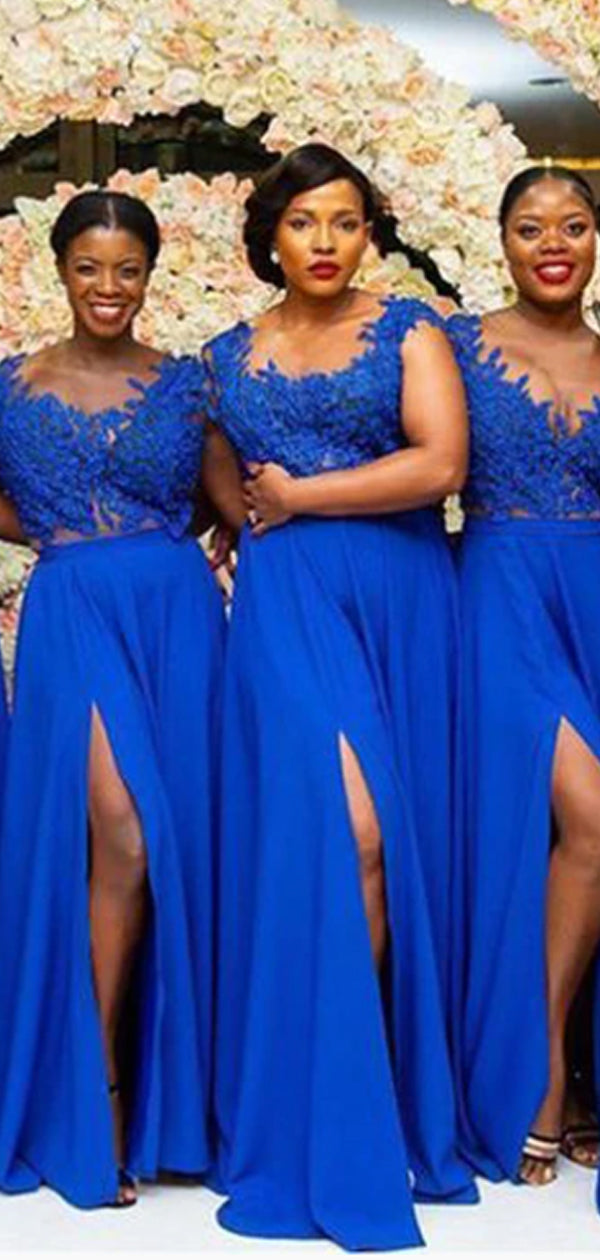 Royal Blue Top Lace Chiffon Side Slit Formal Popular Bridesmaid Dresse SposaBridal Royal Blue Top Lace Chiffon Side Slit Formal Popular Bridesmaid Dresse SposaBridal
