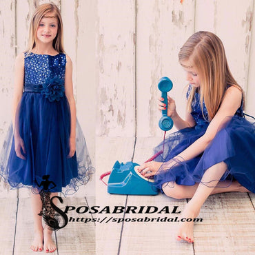 Royal Blue Top Sequin Sparkly Simple Round Neck Cheap Custom Flower Girl Dresses, FG121