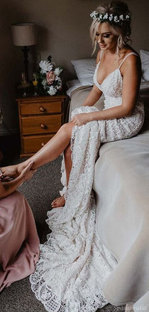 Sexy Boho Rustic Cocktail Lace Modest Long Wedding Dress, WD0583