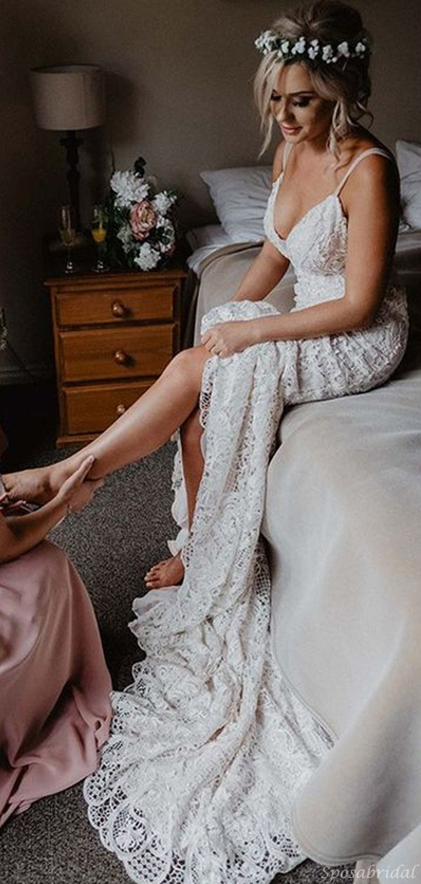 Sexy Boho Rustic Cocktail Lace Modest Long Wedding Dress, WD0583 – SposaBridal Sexy Boho Rustic Cocktail Lace Modest Long Wedding Dress, WD0583 – SposaBridal