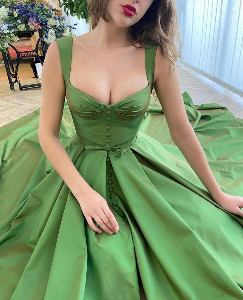 Elegant And Cute Green Lace Spaghetti Straps Square Neck A-Line Long Prom  Dress,SFPD0205