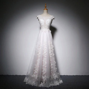 Scoop Neck  V-Back Long Floor-Length Lace Appliques Beach Popular Wedding Dresses,WD0298