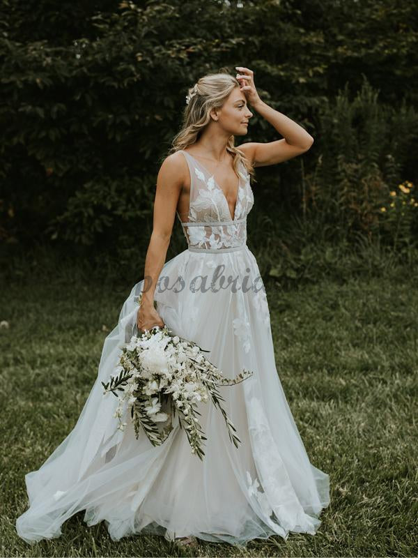 See Through Lace Ivory Tulle V-neck V-back Beach Wedding Dresses WD367 SposaBridal See Through Lace Ivory Tulle V-neck V-back Beach Wedding Dresses WD367 SposaBridal