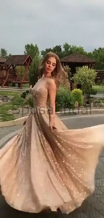 Sequin Sparkly Shining A-line Sleeveless Pincess Modest Long Prom Dresses PD1596