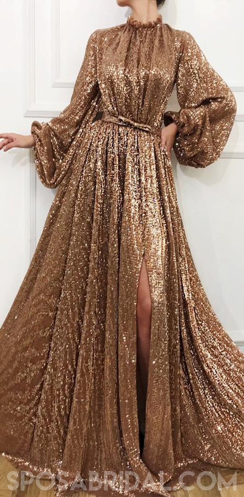 Sequin Sparkly Shinning Long Sleeves A-Line Cheap Modest Fashion Elegant Prom Dresses, Unique Party Dress, PD1178