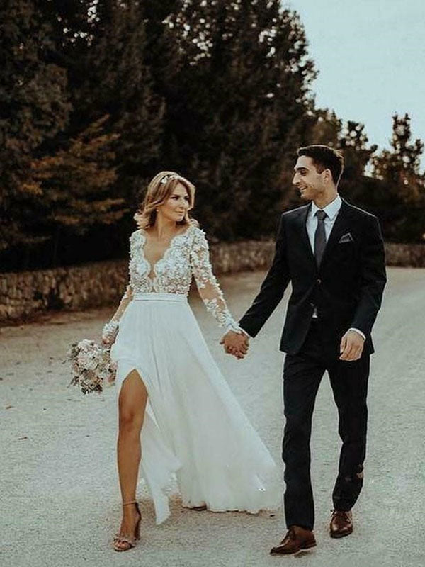 Sexy A-line Long Sleeves Lace Vintage Side-slit Long Wedding Dresses, – SposaBridal Sexy A-line Long Sleeves Lace Vintage Side-slit Long Wedding Dresses, – SposaBridal
