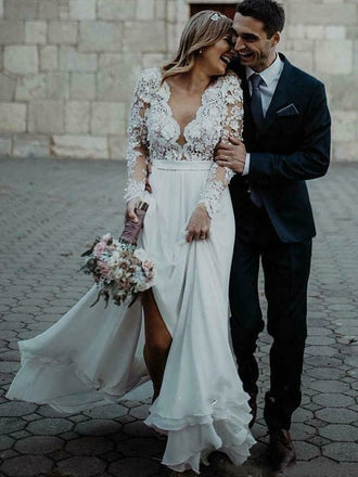 Sexy A-line Long Sleeves Lace Vintage Side-slit Long Wedding Dresses, WD0537