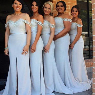 Dusty Blue And Gray Short Sleeves Soft Mermaid Round Neck Long Bridesmaid  Dresses, BD3275