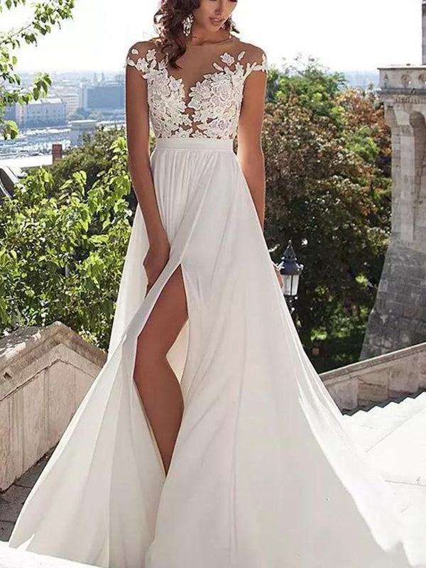 Sexy Boho Lace Top Side-slit Cheap A-line Long Beach Wedding Dress, PD SposaBridal Sexy Boho Lace Top Side-slit Cheap A-line Long Beach Wedding Dress, PD SposaBridal