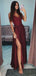 Sexy Burgundy Spaghetti Straps Lace Side-slit A-line Cheap Long Prom Dresses, PD0857