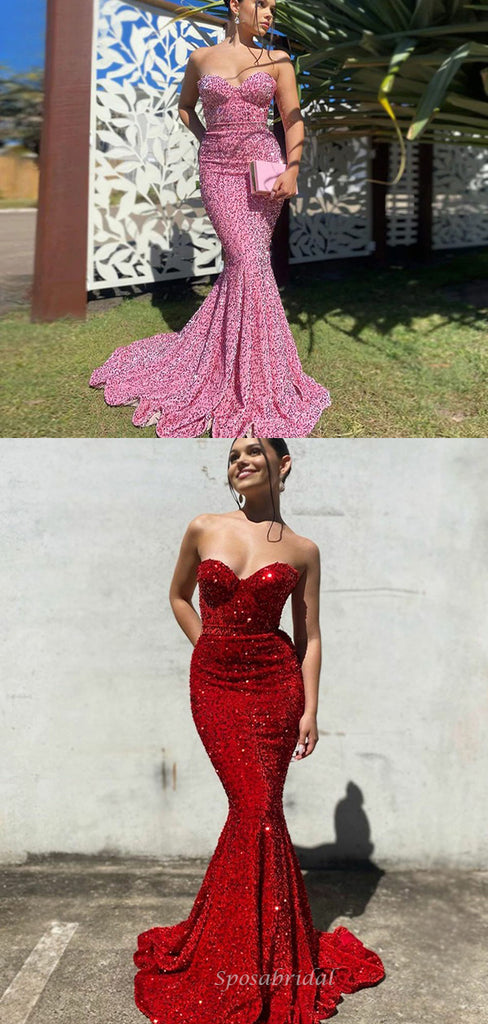 Sexy Candy Pink & Red Strapless Sweetheart Sparkly Mermaid Long Prom Dresses, PD3453