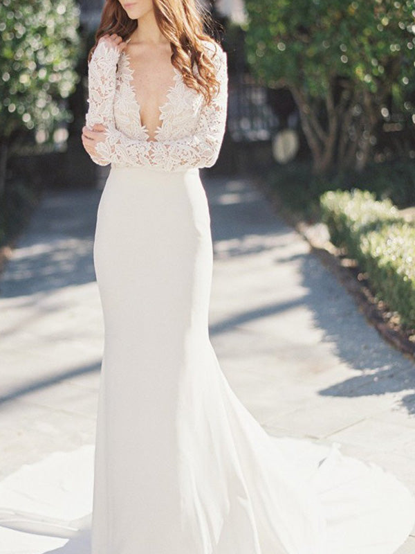 Sexy Deep V-Neck Lace Long-sleeve Top Mermaid Long Wedding Dresses, WD – SposaBridal Sexy Deep V-Neck Lace Long-sleeve Top Mermaid Long Wedding Dresses, WD – SposaBridal
