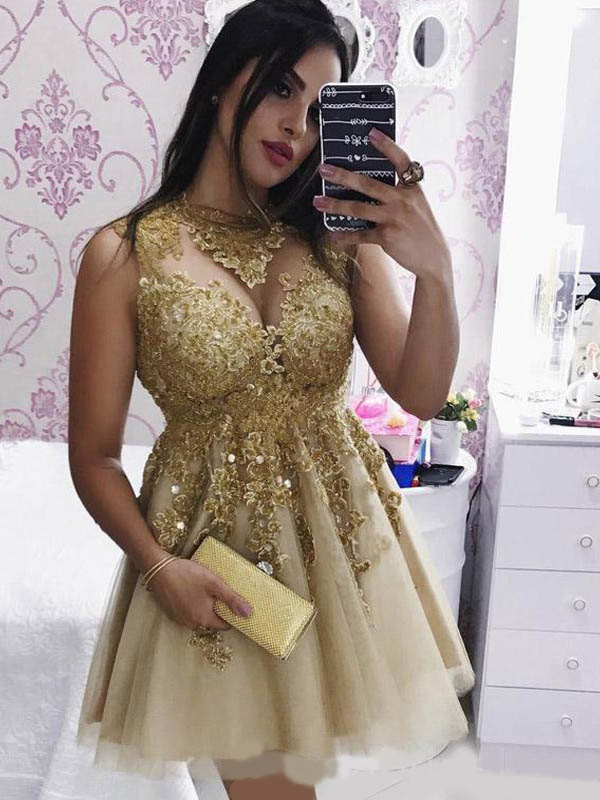 Sexy Gold Lace Sparkly Tulle A-line Short Homecoming Dresses, BD0404 SposaBridal Sexy Gold Lace Sparkly Tulle A-line Short Homecoming Dresses, BD0404 SposaBridal