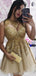 Sexy Gold Lace Sparkly Tulle A-line Short Homecoming Dresses, BD0404