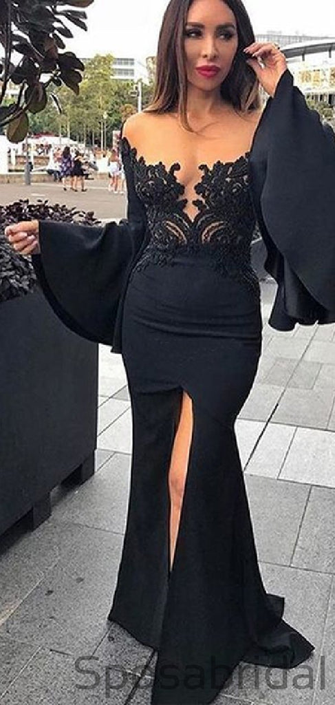 Sexy Mermaid Trumpet Sleeve Black Satin Long Prom Dresses with Lace Split PD2395