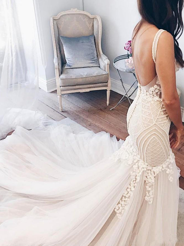 Sexy Mermaid V-Neck Backless Lace Tulle Mermaid Long Wedding Dresses, WD0181