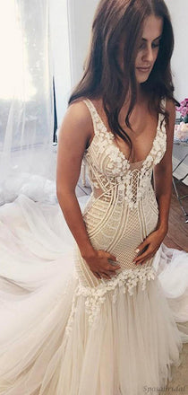 Sexy Mermaid V-Neck Backless Lace Tulle Mermaid Long Wedding Dresses, WD0181