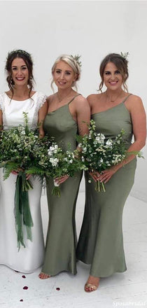 Sexy One-shoulder Spaghetti Strap Sage Green Cheap Mermaid Long Bridesmiad Dresses, WG761
