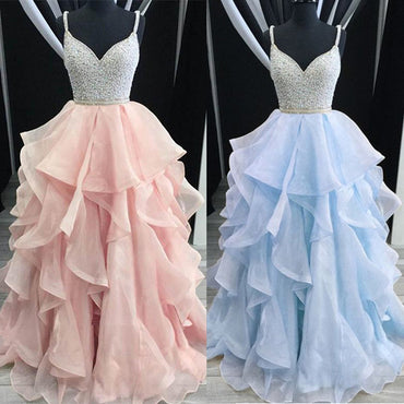 Sexy Pink and Blue, Champagne Sparkly Top Open Back Pretty A-line Prom Dresses, PD0654