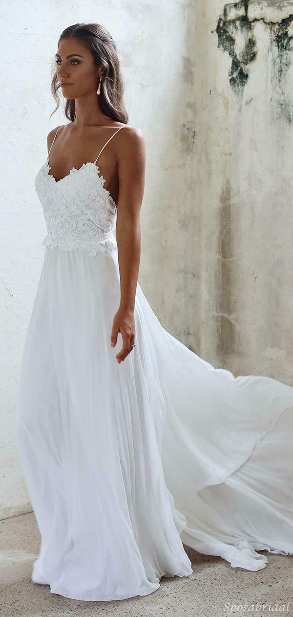 Sexy Spaghetti Strap Backless Lace Top A-line Cheap Beach Wedding Dres