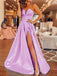 Sexy Strapless A-line Lavender Blue Side-slit V-neck Prom Dresses, PD2396