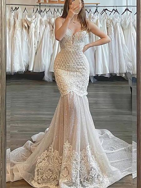 Lace Mermaid Strapless Princess Garden Beach Vintage Long Wedding Dresses,  Bridal Gown WD445