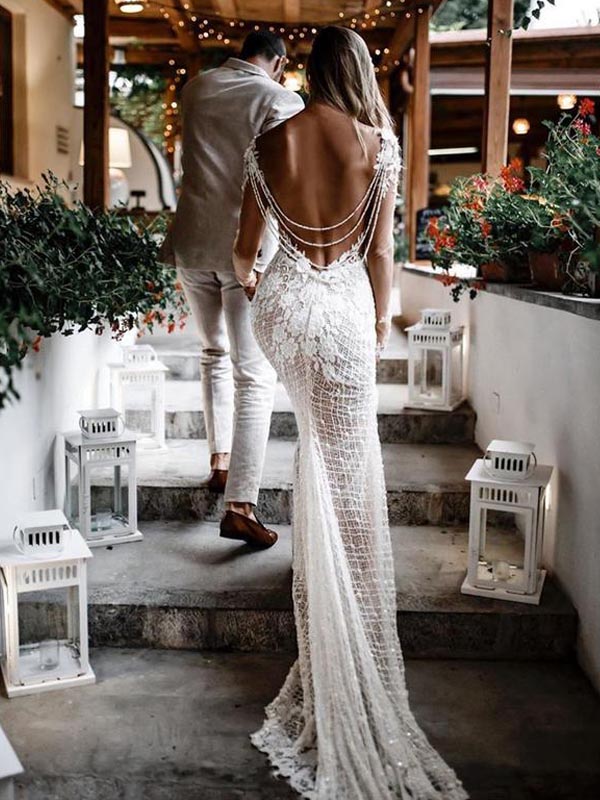 Sexy Unique Open Back Beaded Mermaid Lace Beach Vintage Wedding Dresse SposaBridal Sexy Unique Open Back Beaded Mermaid Lace Beach Vintage Wedding Dresse SposaBridal