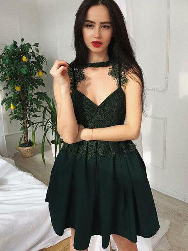 Sexy V-neck Spaghetti Strap Lace Top Dark Green A-line Short Homecomin SposaBridal Sexy V-neck Spaghetti Strap Lace Top Dark Green A-line Short Homecomin SposaBridal