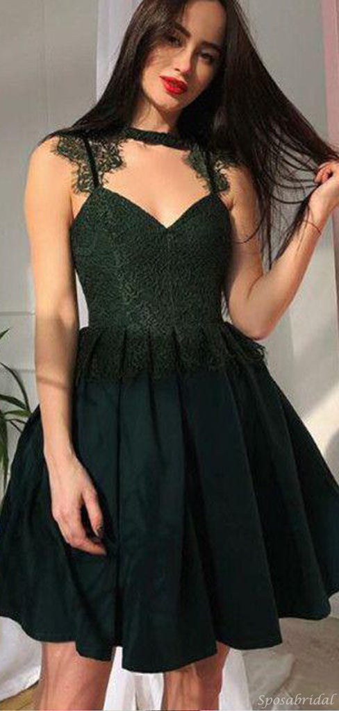 Sexy V-neck Spaghetti Strap Lace Top Dark Green A-line Short Homecoming Dresses, BD0231