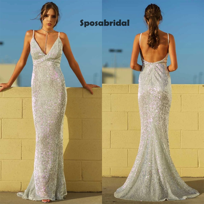 Sexy Sparkly V-neck Spaghetti Strap Silver Mermaid Long Prom Dress, PD3028