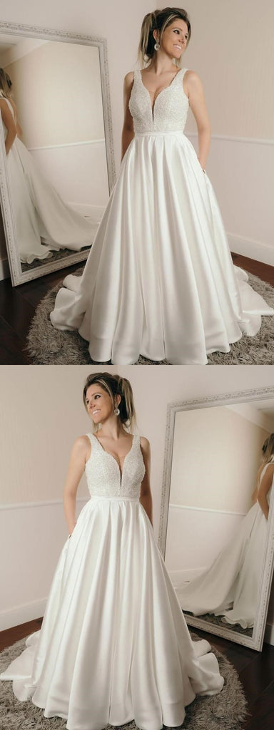 Sexy Backless V Neck A-line Custom Wedding Dresses Online, WD350