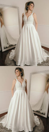 Sexy Backless V Neck A-line Custom Wedding Dresses Online, WD350