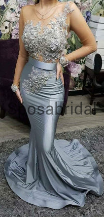 Sexy Elegant Mermaid Long Sleeves Gray Unique Long Modest Prom Dresses PD1929