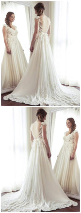 Sexy See Through Cap Sleeve A-line Chiffon Beach Wedding Dresses Online, WD352