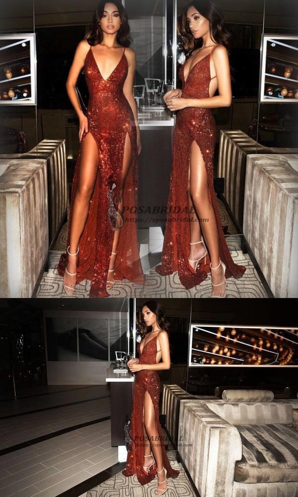 2019 Sexy Sequin Sparkly Red Split Mermaid Prom Dresses, Fashion Style, Spaghetti Straps prom dress, PD0713 - SposaBridal
