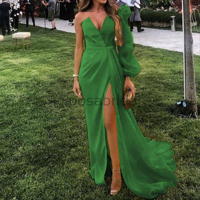 Sexy V-neck Unique Formal Single Green Sleeve Long Prom Dresses, Evening Dresses PD1649