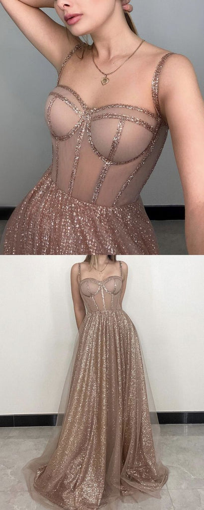 Sexy Champagne Gold Sparkly Spaghetti Straps A-line Long Prom Dress, PD3306
