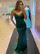 Sexy Emerald Green Spaghetti Srtaps V-neck Lace Top Long Mermaid Prom Dress, PD3449