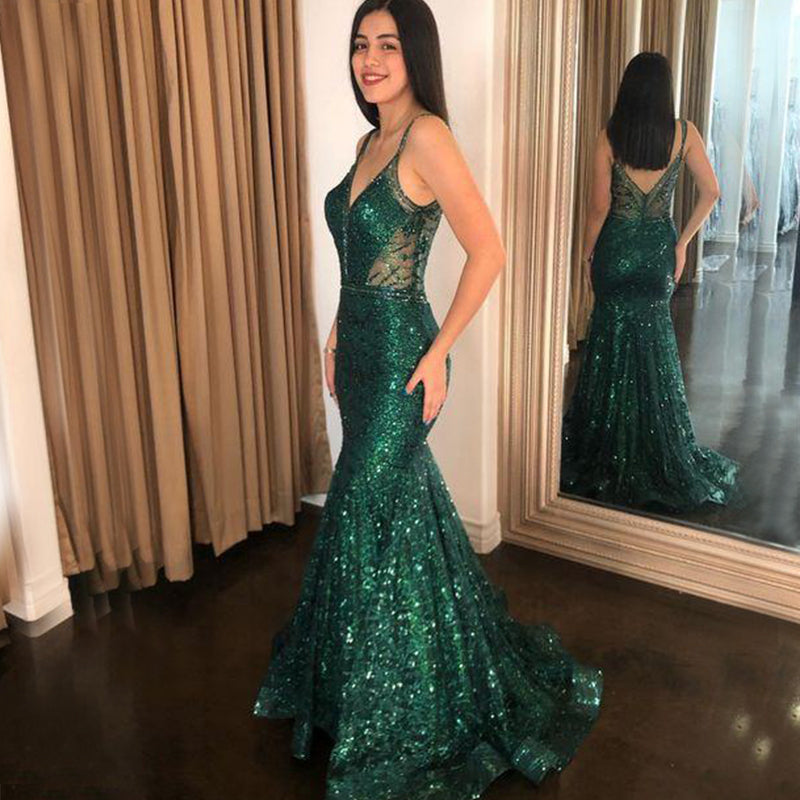 Sexy Emerald Green Sparkly Spaghetti Straps V-neck Open Back Mermaid Long Prom Dress, PD3077