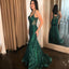 Sexy Emerald Green Sparkly Spaghetti Straps V-neck Open Back Mermaid Long Prom Dress, PD3077