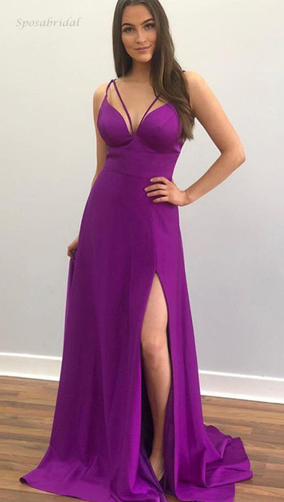 Sexy Purple Spaghetti Straps V-neck Side-slit A-line Long Prom Dress, PD3303