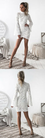 Sheath High Neck Long Bell Sleeves Short Fulle Lace Homecoming Dresses, Sexy Short Prom Dresses, BD0226